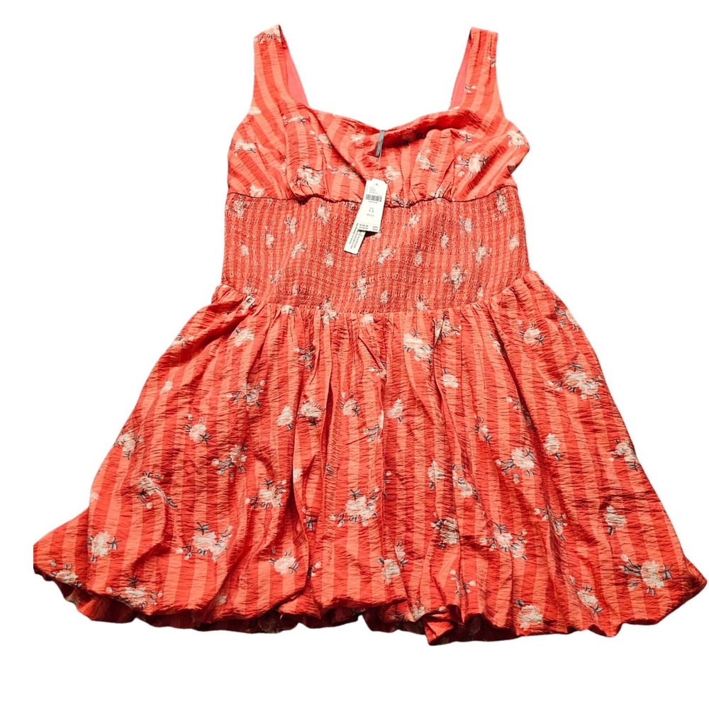 Anthropologie Floral Striped Smocked Fit & Flare Dress 1X Red Orange Sleeveless